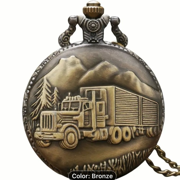 antique style pocket watch with a bronze finish and a truck design on the front - Picture 1 of 11